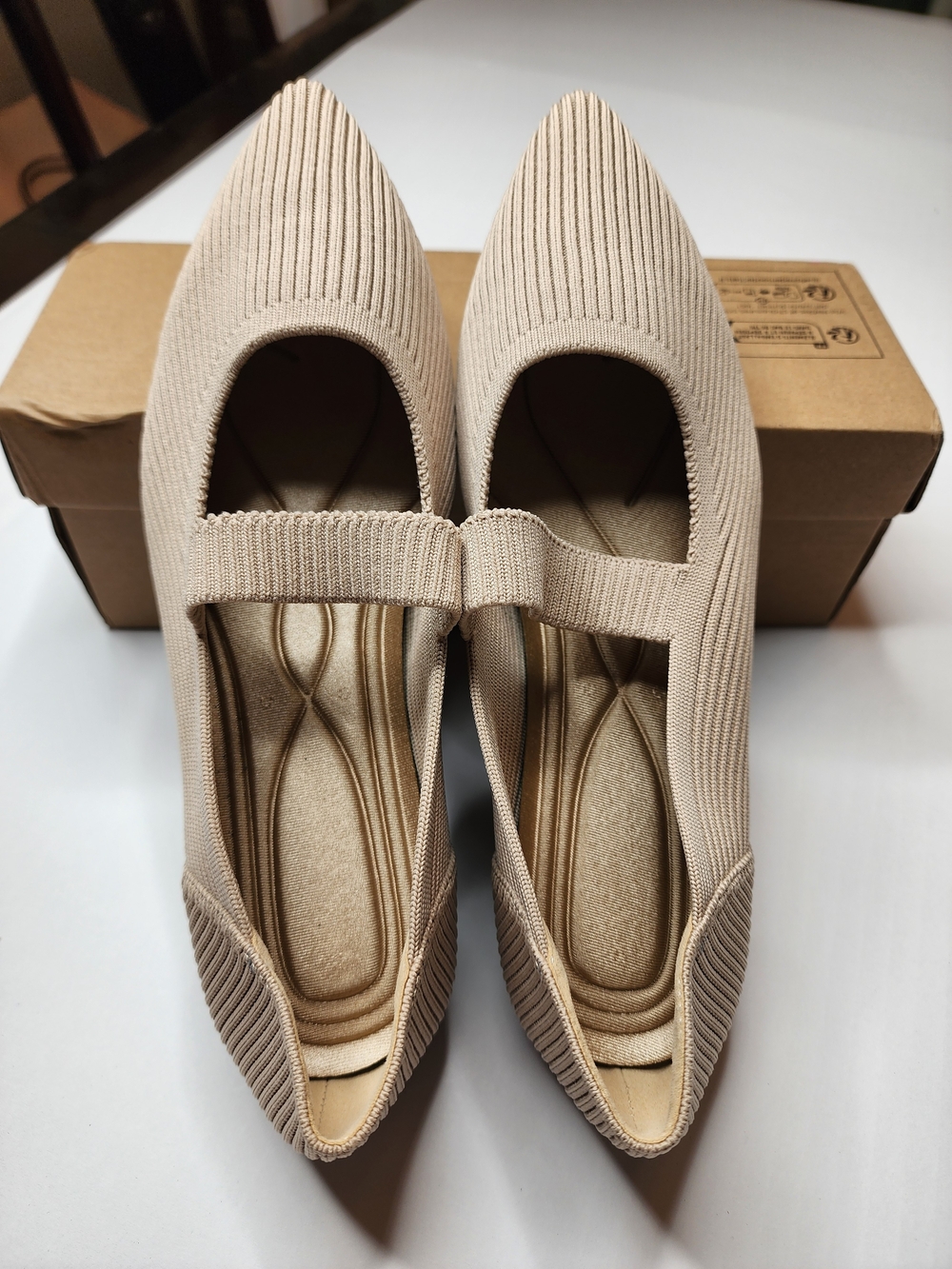 Beige Knit Pointed Toe Mary Jane Flats